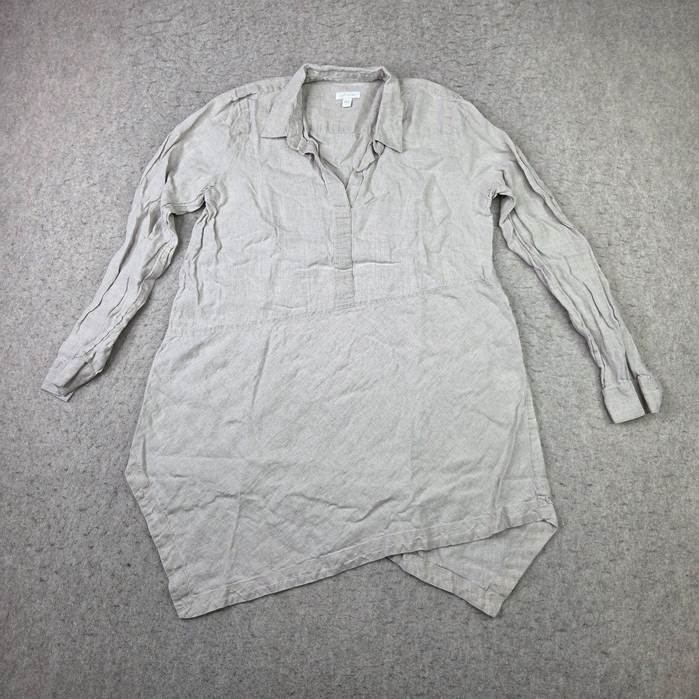 J. Jill Love Linen Tunic Shirt Top Womens Tan V-Neck Roll Tab Sleeve Lagenlook S
